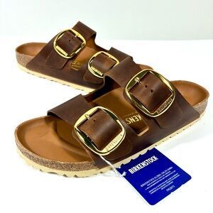 Birkenstock Arizona Big Buckle Slide Sandals Oiled Leather Antique Cognac NEW